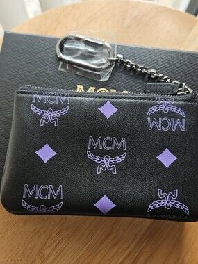 MCM Black Leather Card Pouch with Lavender Logo Print